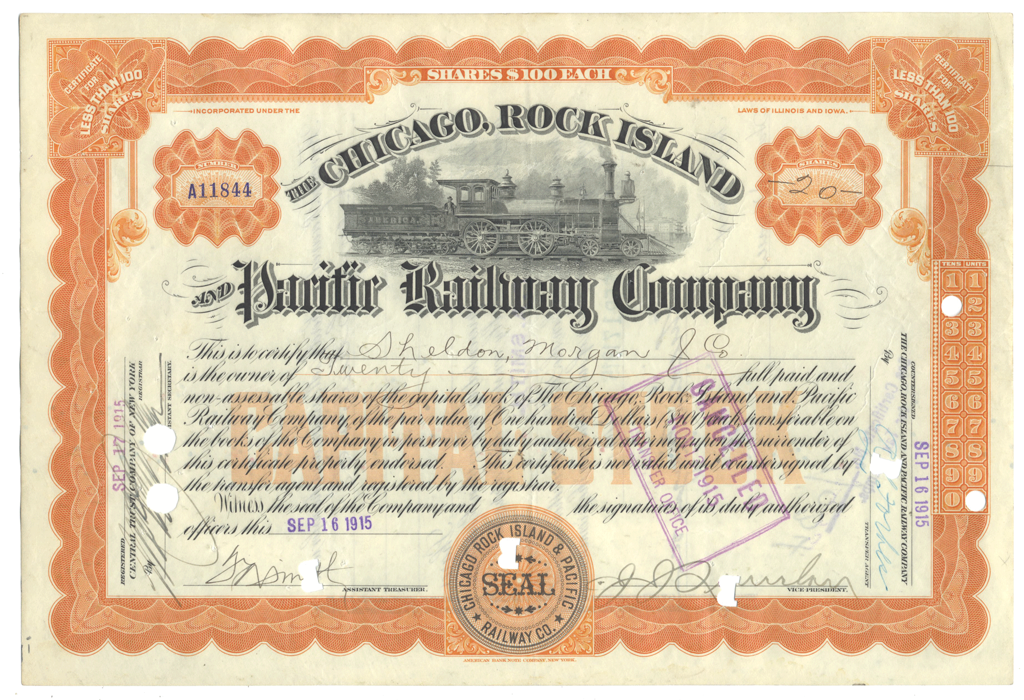 Historical stock certificate of the Chicago, Rock Island and Pacific Railway Company from the 1910's