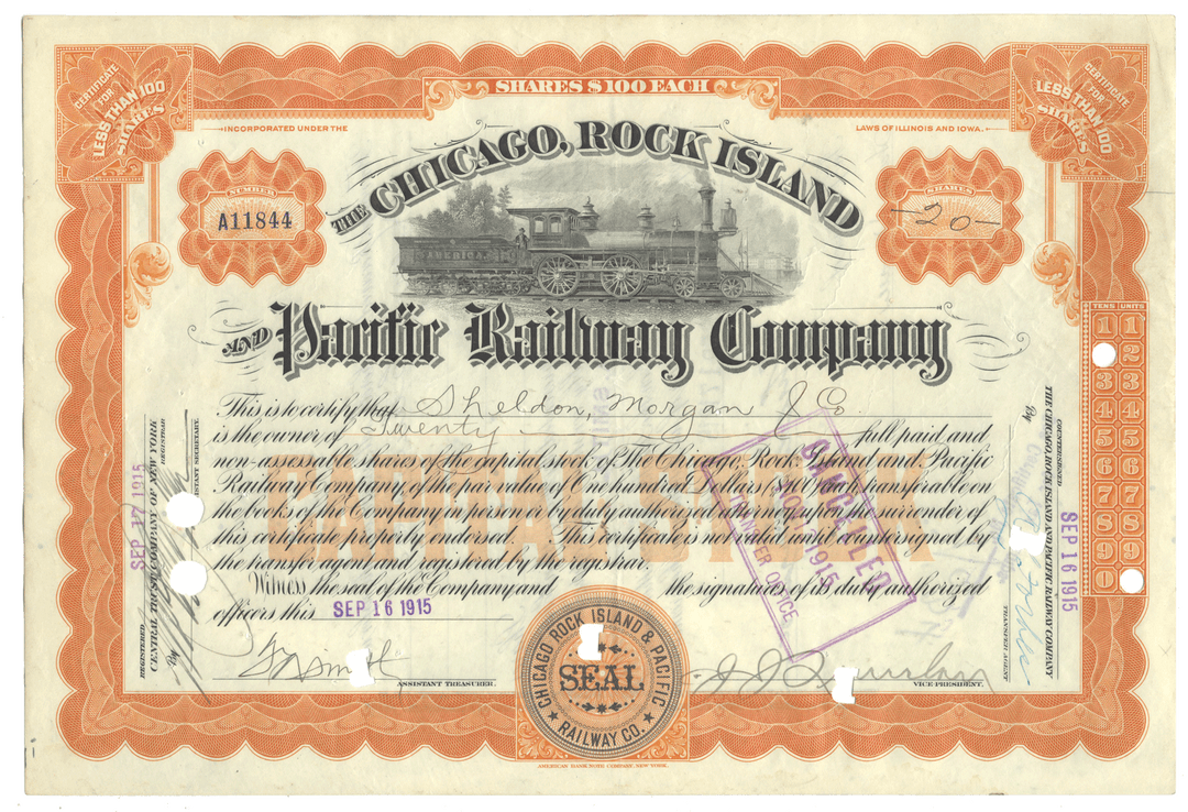 Historical stock certificate of the Chicago, Rock Island and Pacific Railway Company from the 1910's