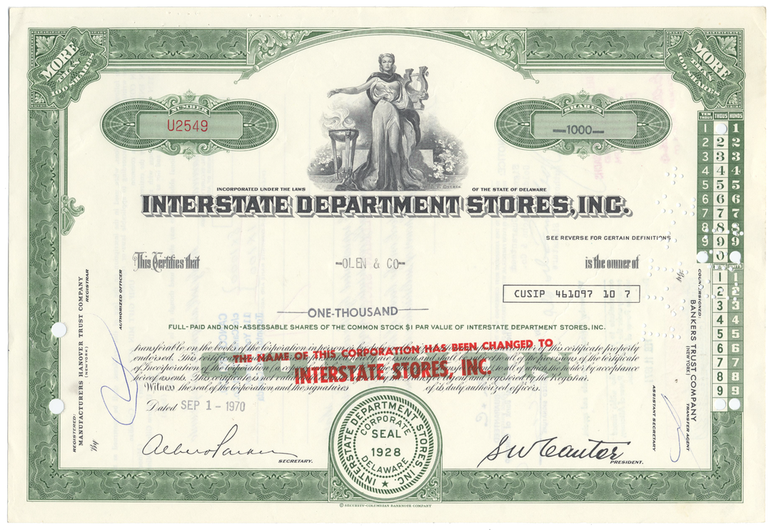 Interstate Department Stores, Inc. Stock Certificate