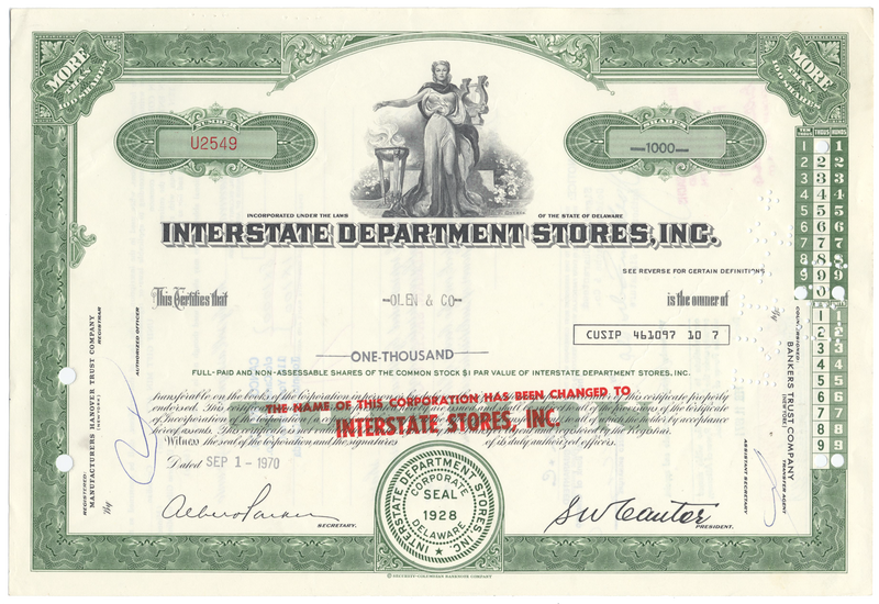 Bond Stores, Incorporated Stock Certificate - Ghosts of Wall Street