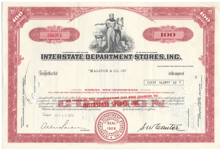 Interstate Department Stores, Inc. Stock Certificate