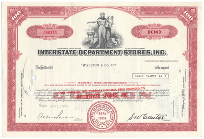 Interstate Department Stores, Inc. Stock Certificate