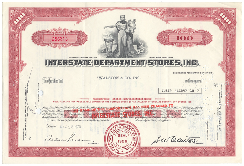 Interstate Department Stores, Inc. Stock Certificate