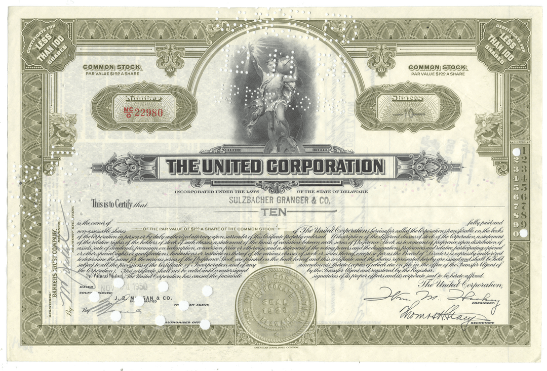 A vintage stock certificate for the United Corporation from 1950