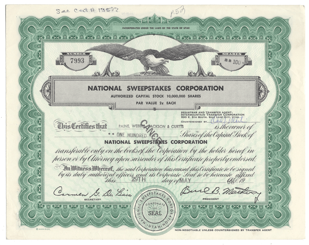Stock certificate from the National Sweepstakes Corporation with an eagle emblem.