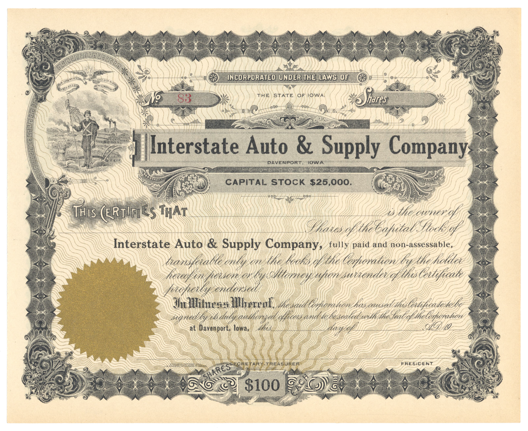 Interstate Auto & Supply Company Stock Certificate