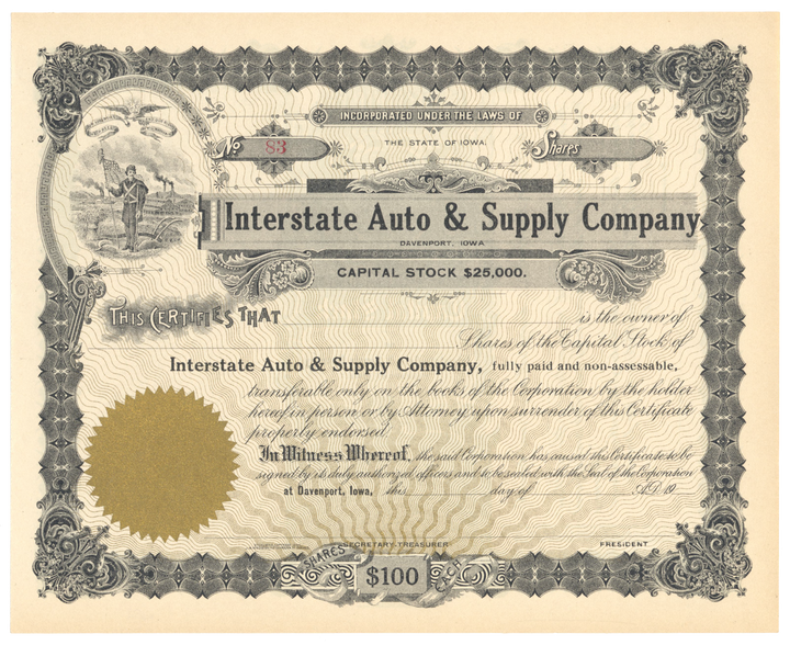 Interstate Auto & Supply Company Stock Certificate