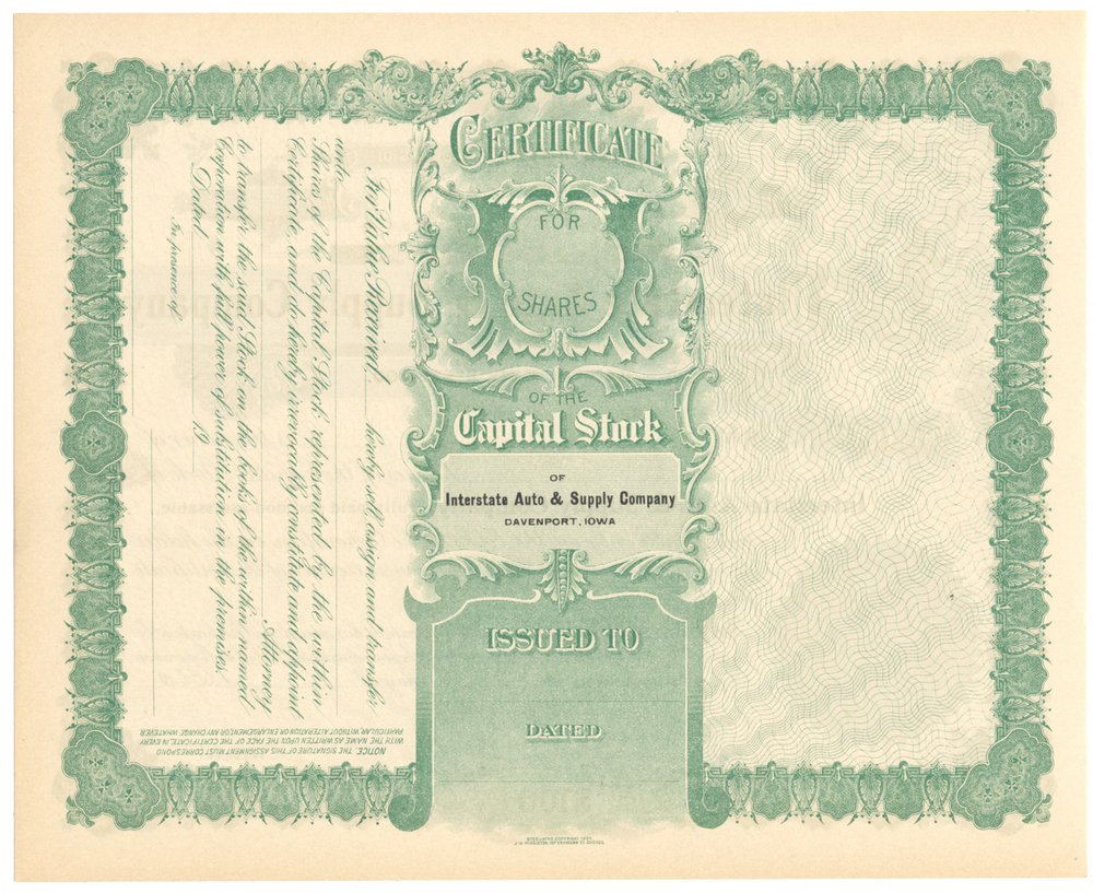 Interstate Auto & Supply Company Stock Certificate