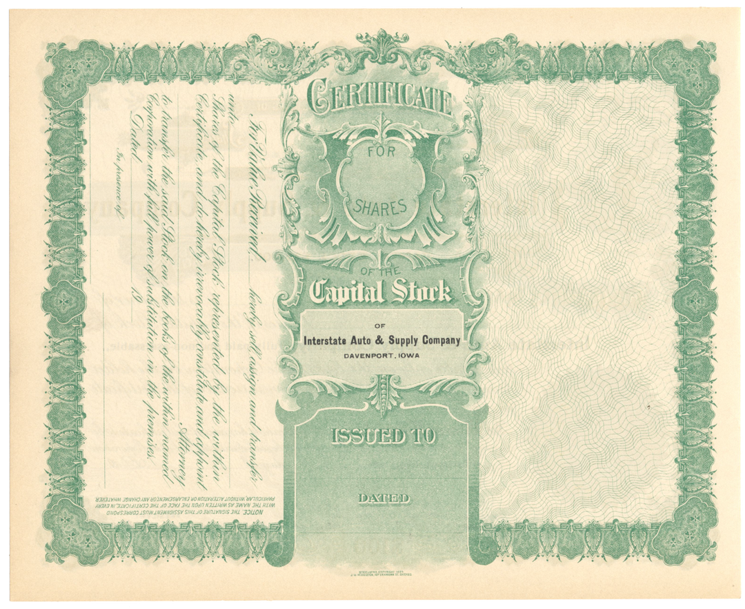 Interstate Auto & Supply Company Stock Certificate