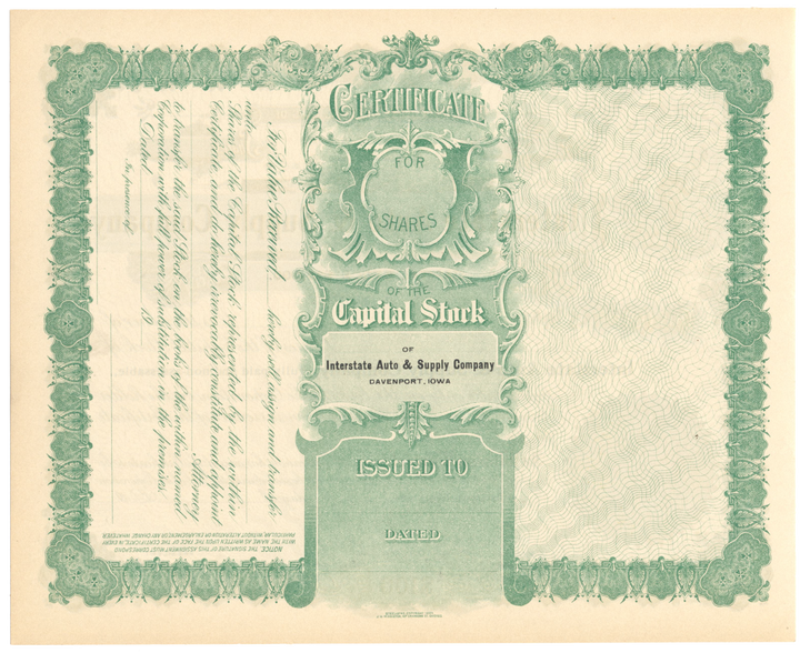 Interstate Auto & Supply Company Stock Certificate