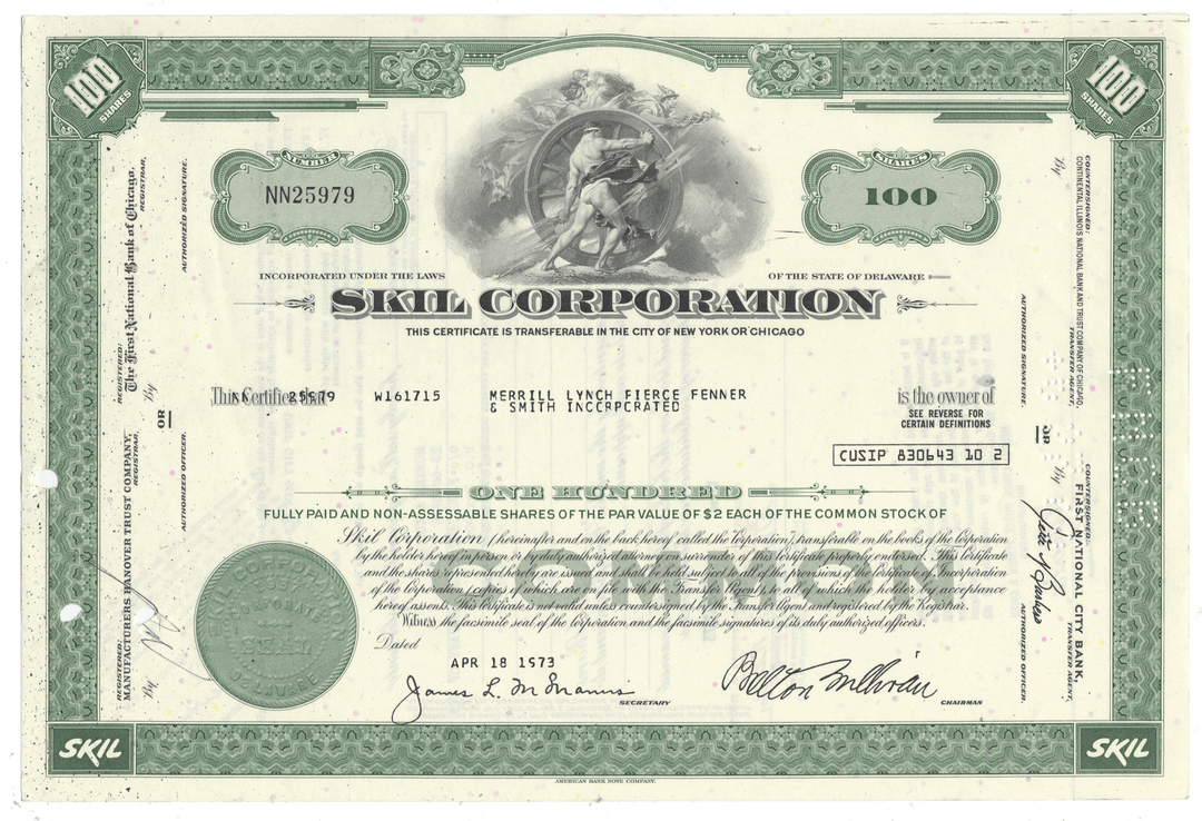 Skil Corporation stock certificate dated 1973