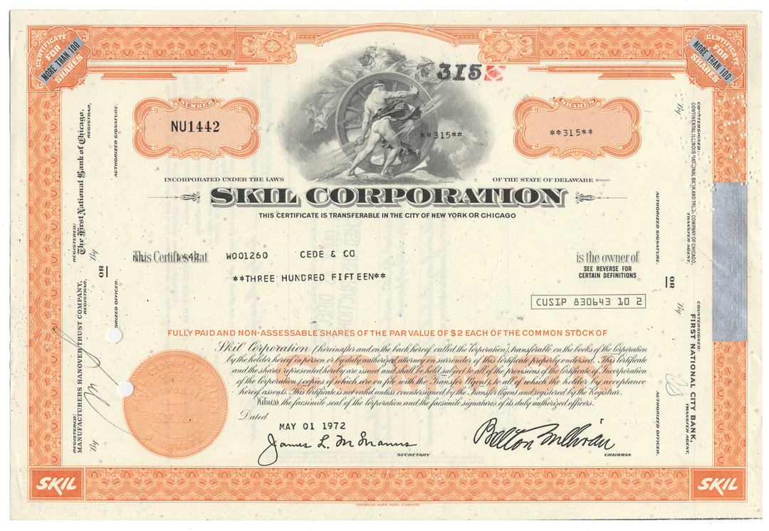 Vintage stock certificate of the Skil Corporation with detailed text and design elements.
