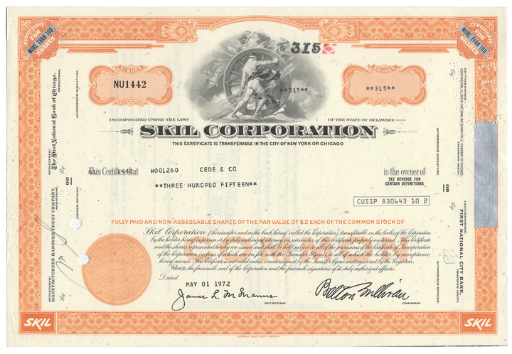 Vintage stock certificate of the Skil Corporation with detailed text and design elements.