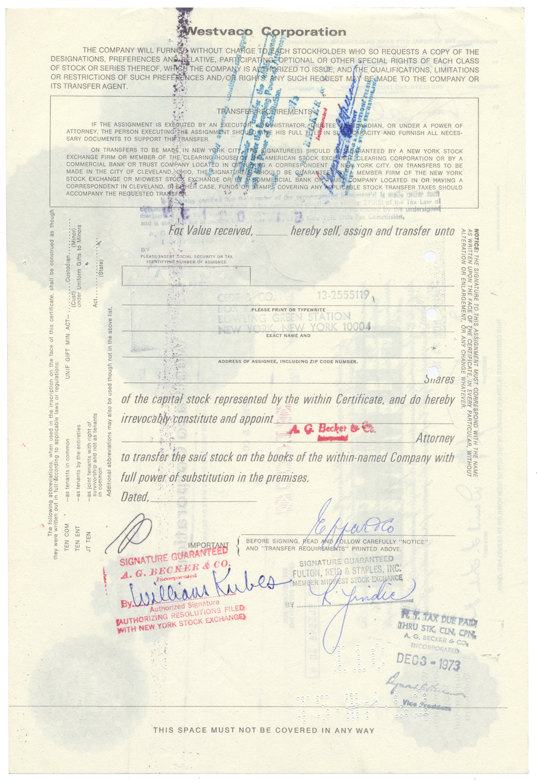 Westvaco Corporation Stock Certificate