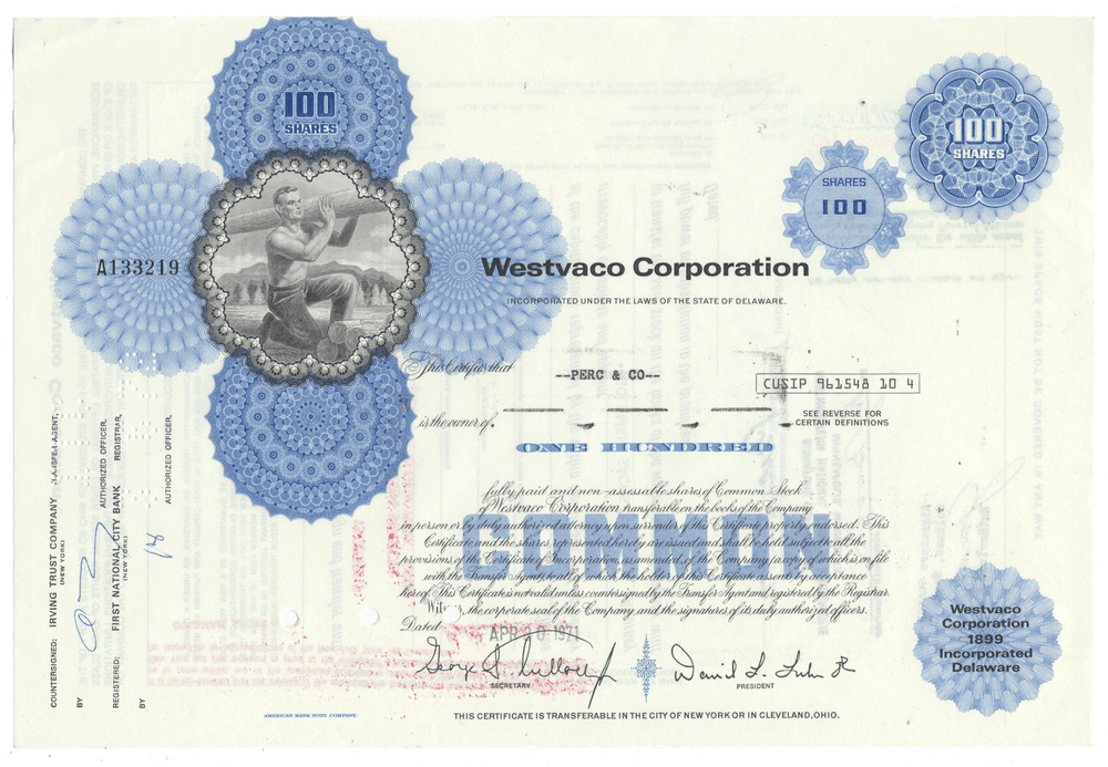 Westvaco Corporation stock certificate with blue seals and text.