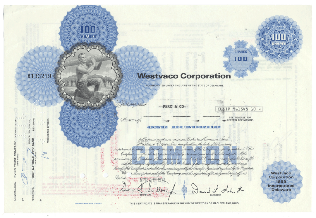 Westvaco Corporation stock certificate with blue seals and text.