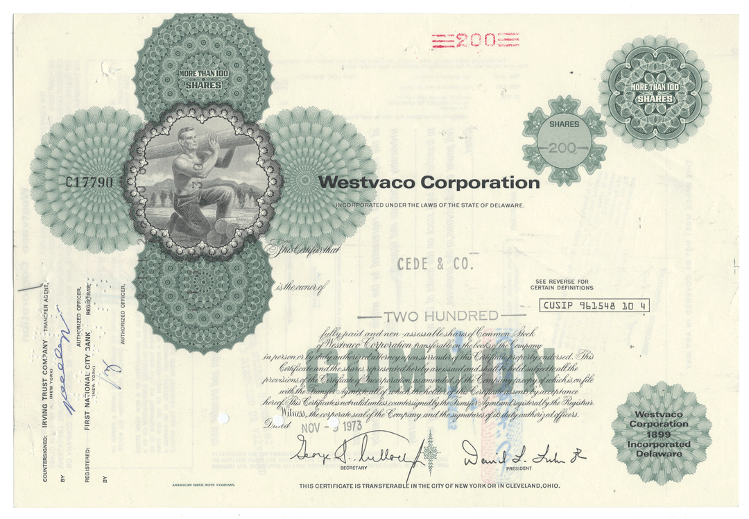 Westvaco Corporation stock certificate with decorative elements