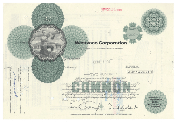 Westvaco Corporation stock certificate with decorative elements
