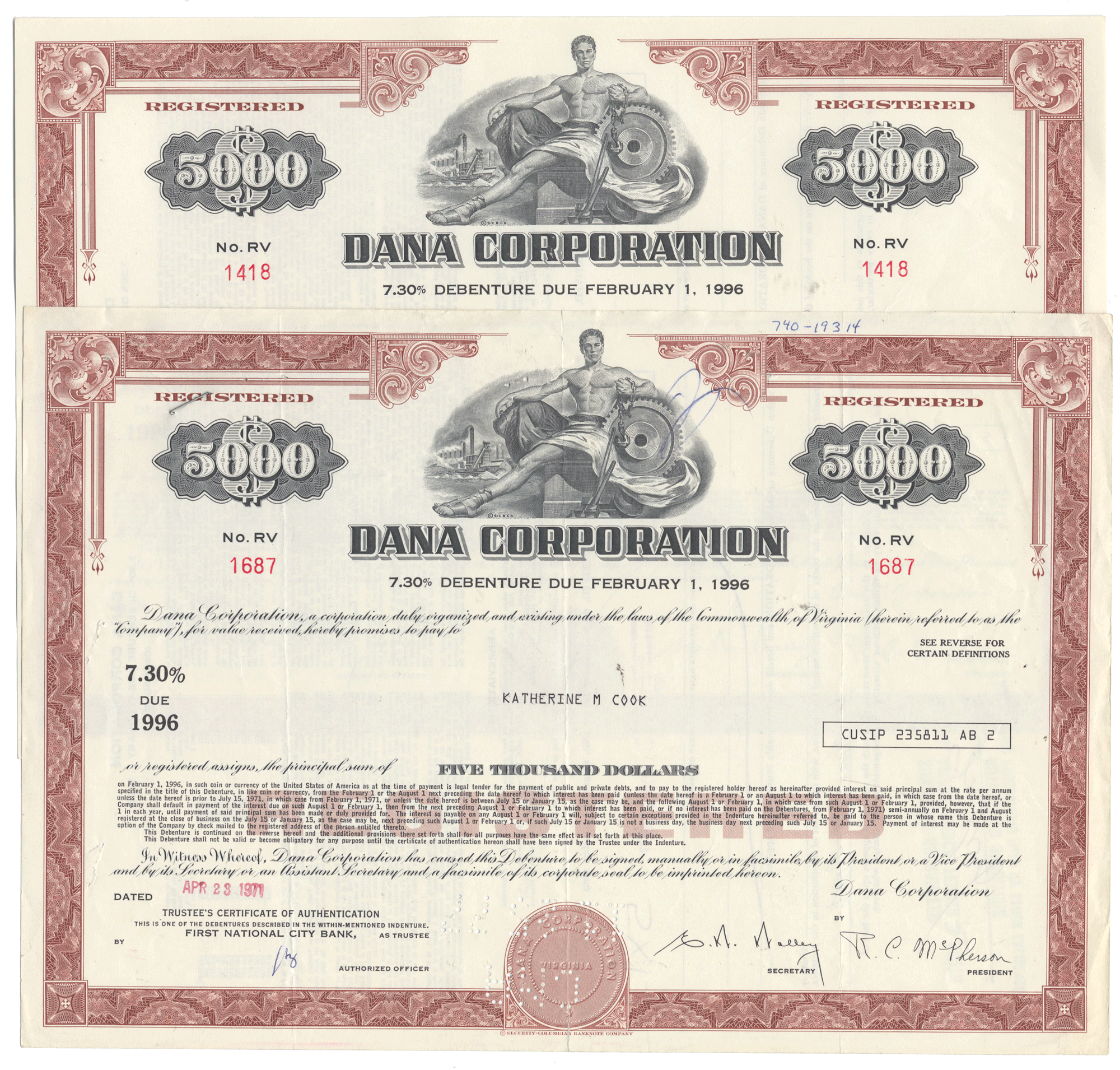 Two Dana Corporation stock certificates