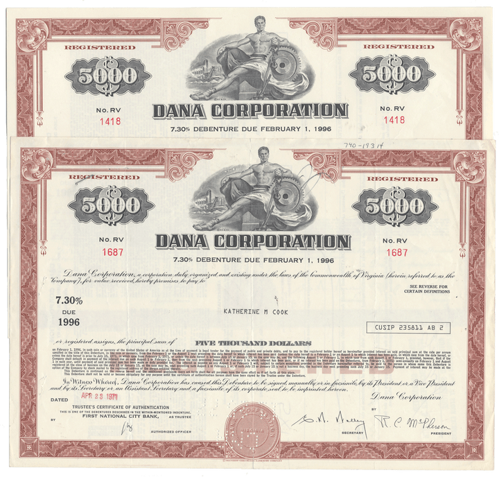 Two Dana Corporation stock certificates