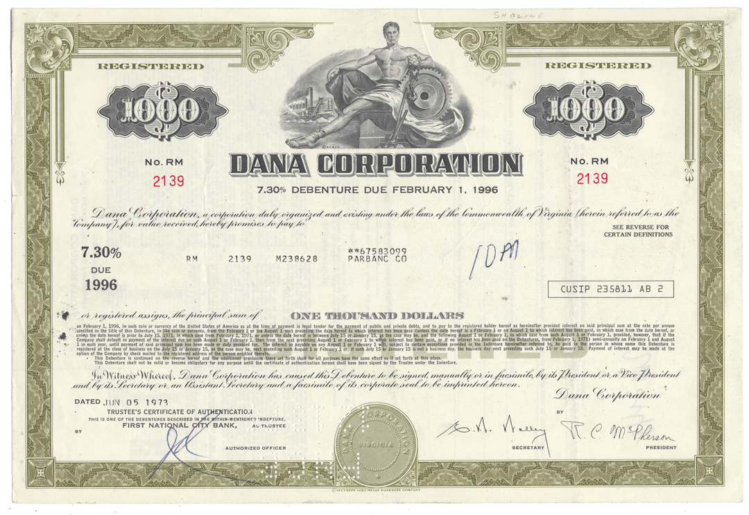 Dana Corporation stock certificate with decorative elements