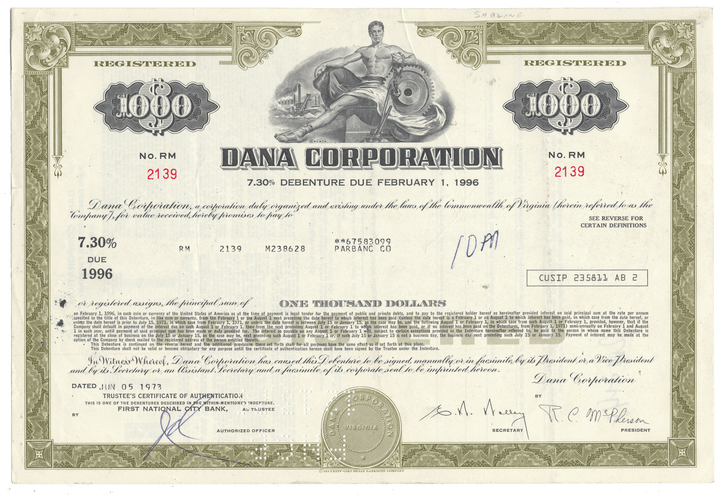 Dana Corporation stock certificate with decorative elements