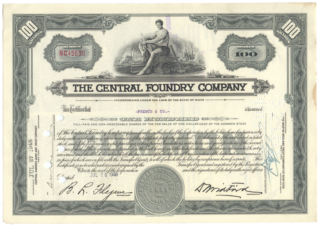 Central Foundry Company Stock Certificate