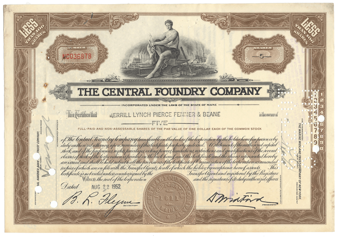 Vintage stock certificate of The Central Foundry Company with decorative elements and text.