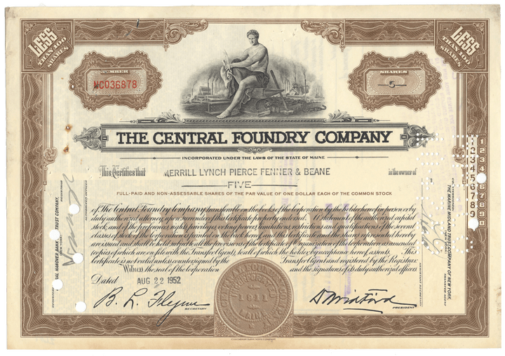 Vintage stock certificate of The Central Foundry Company with decorative elements and text.