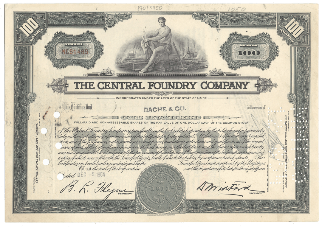 Stock certificate of The Central Foundry Company from 1954