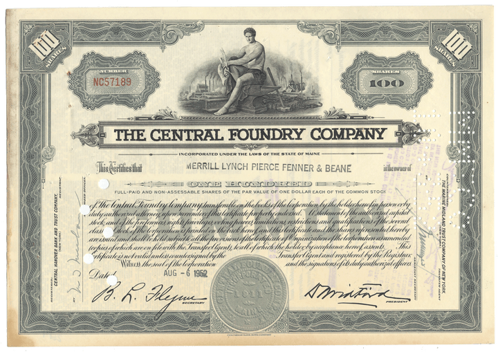 Stock certificate of The Central Foundry Company with detailed text and design elements.