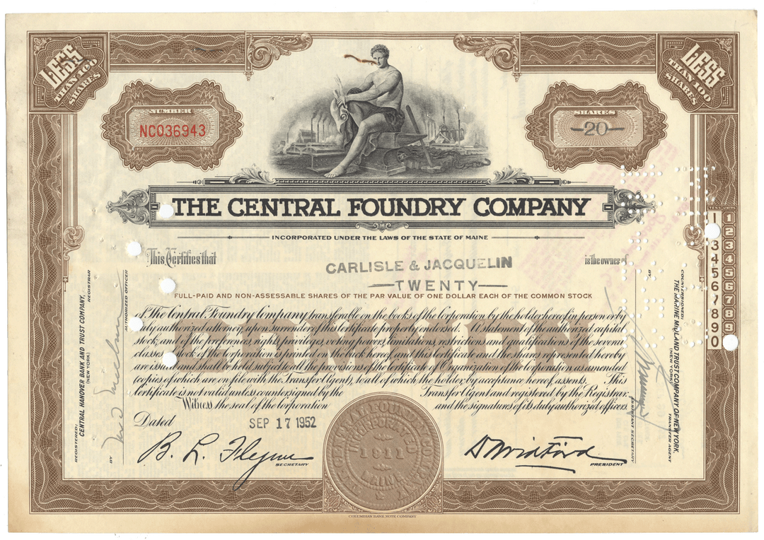 Vintage stock certificate of The Central Foundry Company with decorative elements and text.