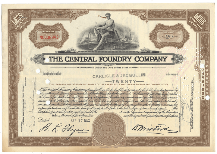 Vintage stock certificate of The Central Foundry Company with decorative elements and text.