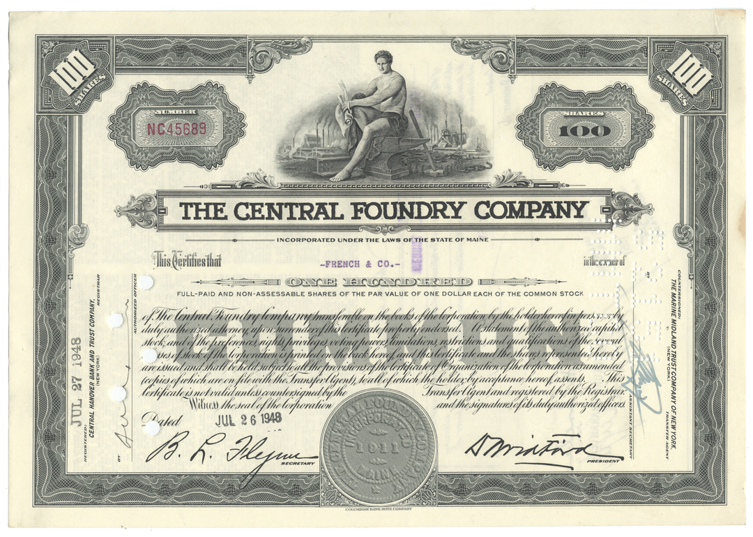 Stock certificate of The Central Foundry Company with decorative elements and text.