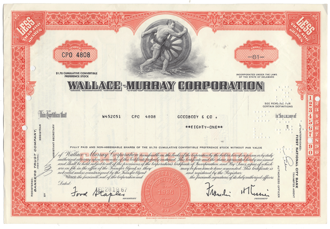 Wallace-Murray Corporation stock certificate with red and black design