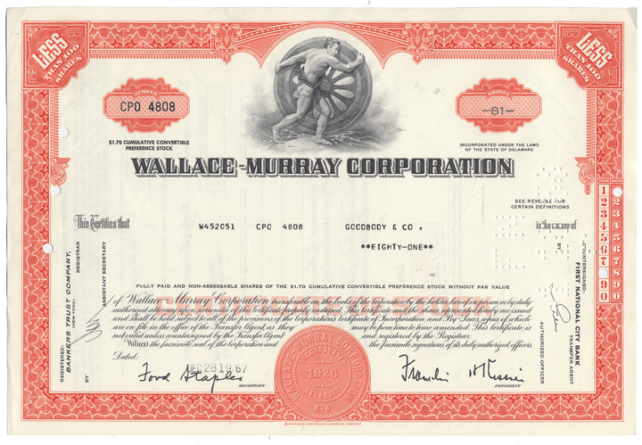 Wallace-Murray Corporation stock certificate with red and black design