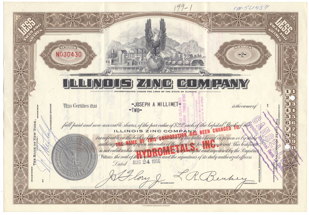 Illinois Zinc Company Stock Certificate