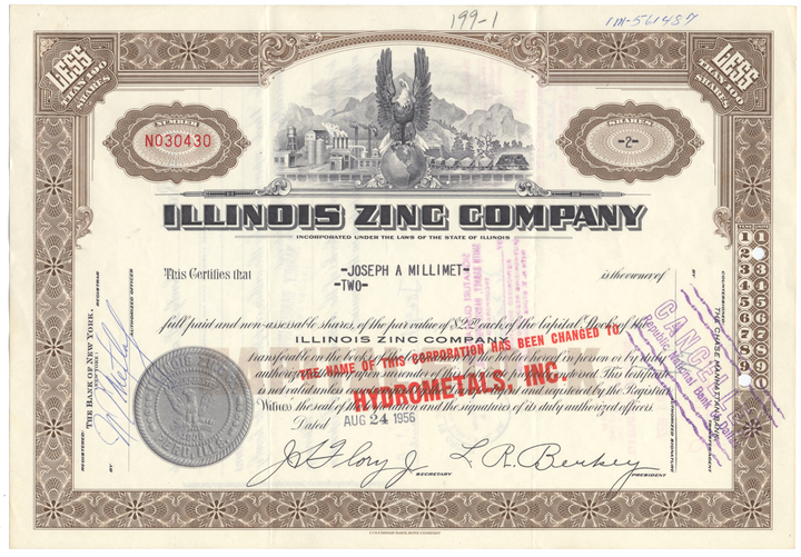 Illinois Zinc Company Stock Certificate