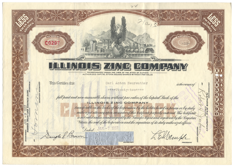 Illinois Zinc Company Stock Certificate