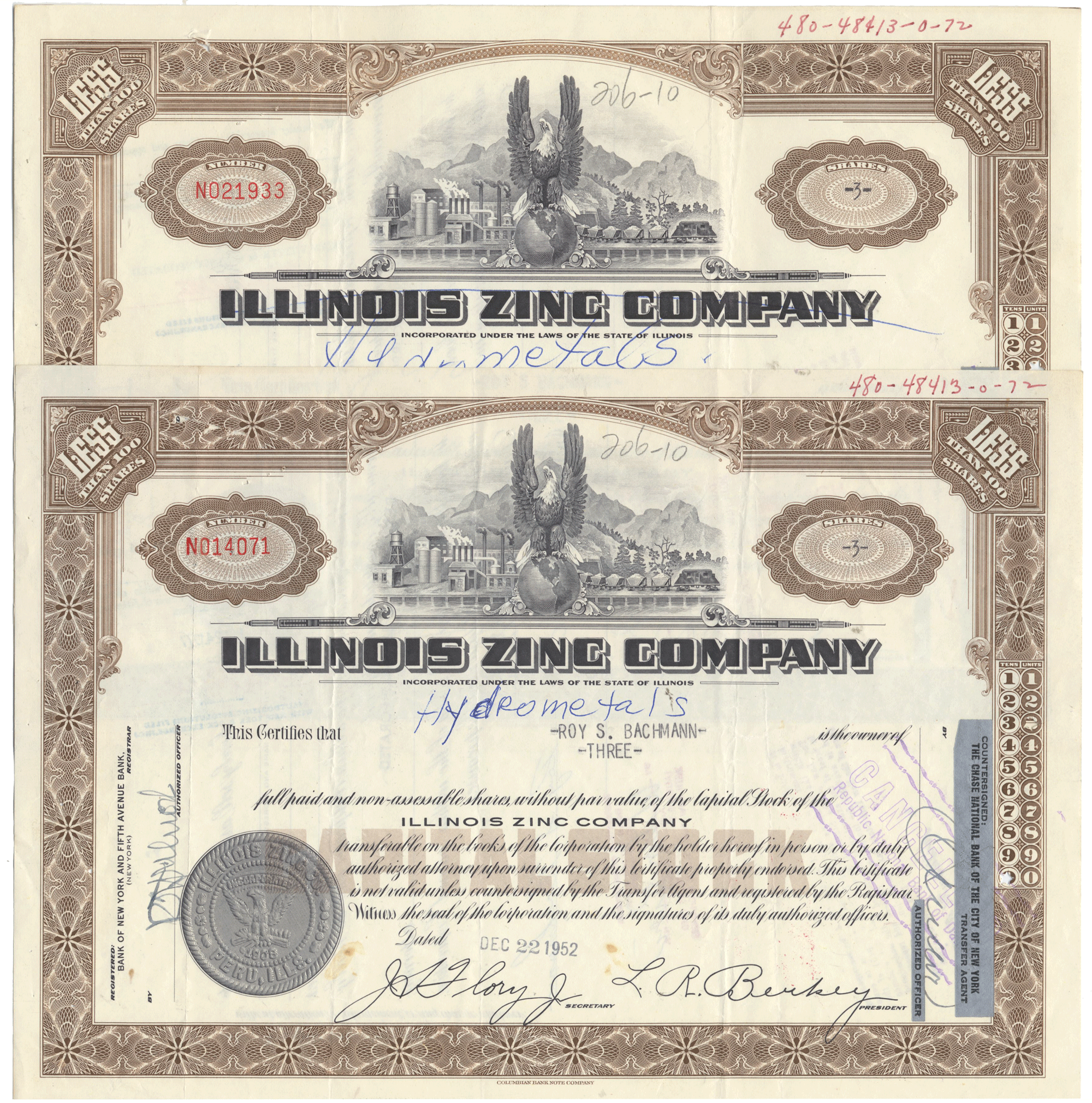 Two vintage stock certificates from the Illinois Zinc Company with decorative elements and text.