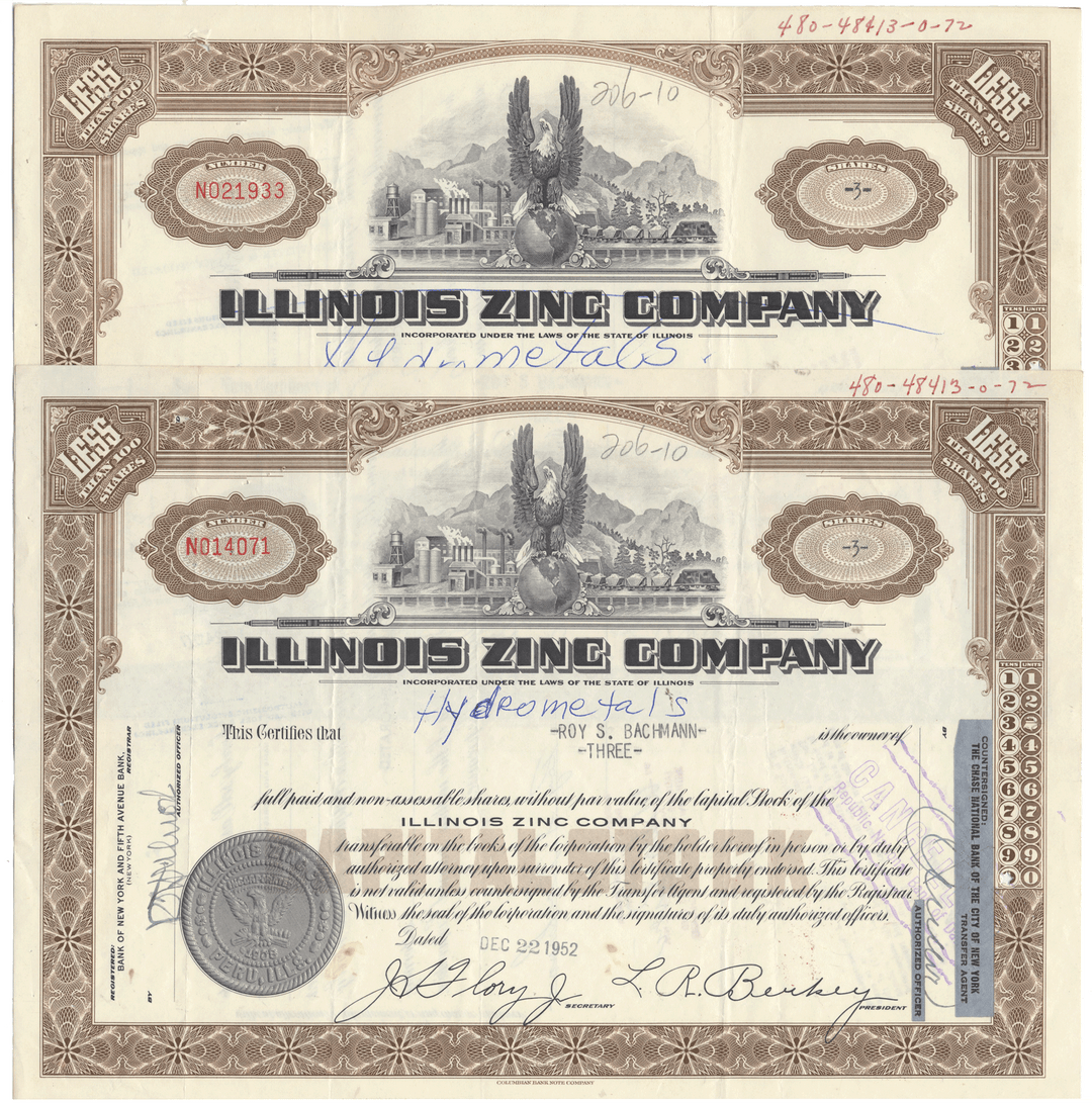 Two vintage stock certificates from the Illinois Zinc Company with decorative elements and text.