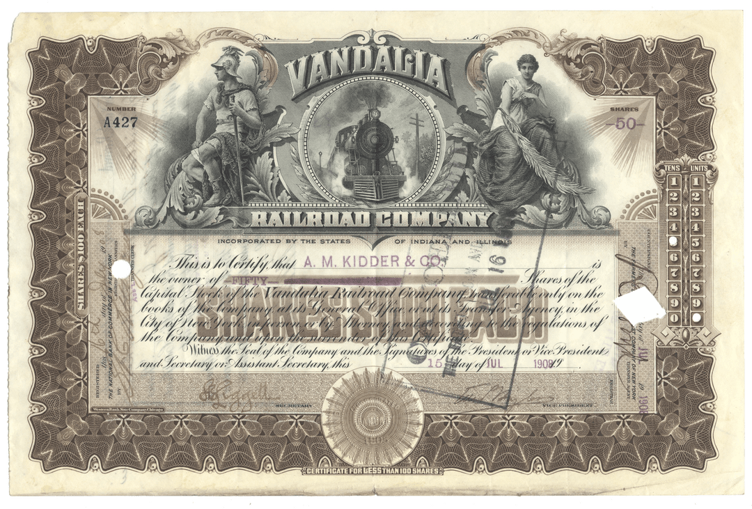 Antique stock certificate from the Vandalia Railroad Company from 1909