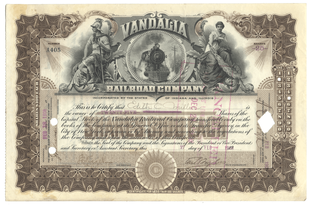 Vandalia Railroad Company stock certificate with decorative elements and text.