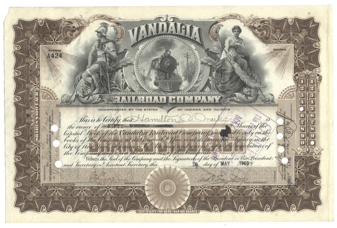 Vandágá Railroad Company stock certificate with decorative elements from 1908