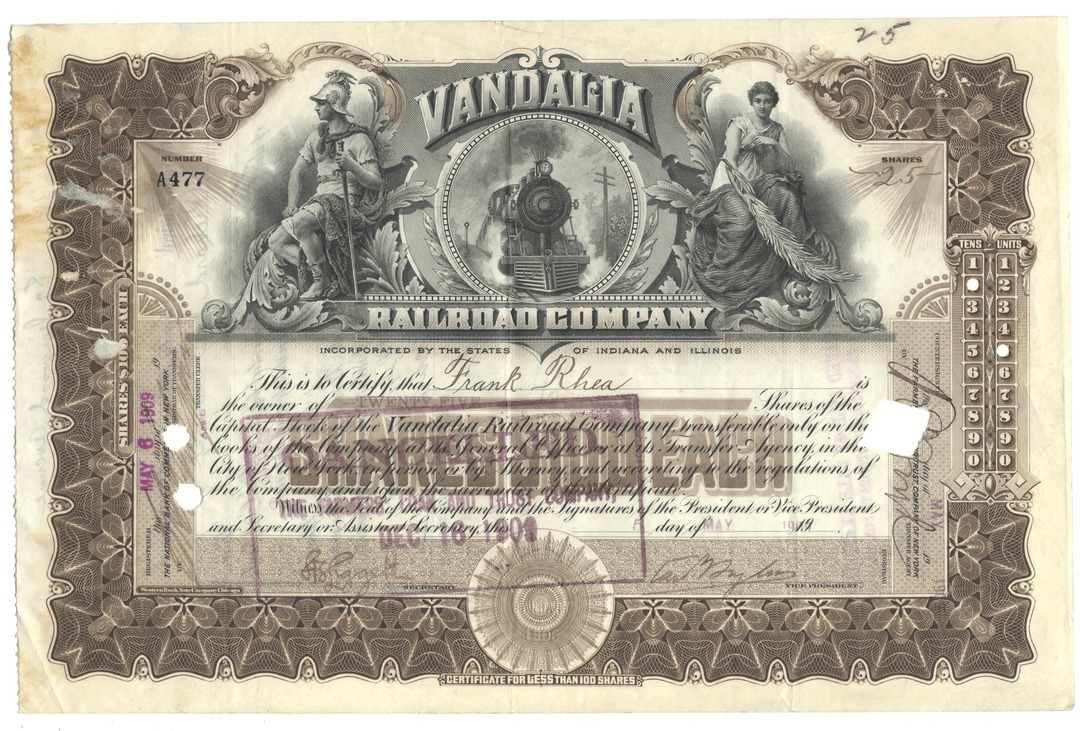 Vandalia Railroad Company stock certificate with decorative elements