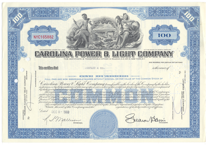 Carolina Power & Light Company Stock Certificate