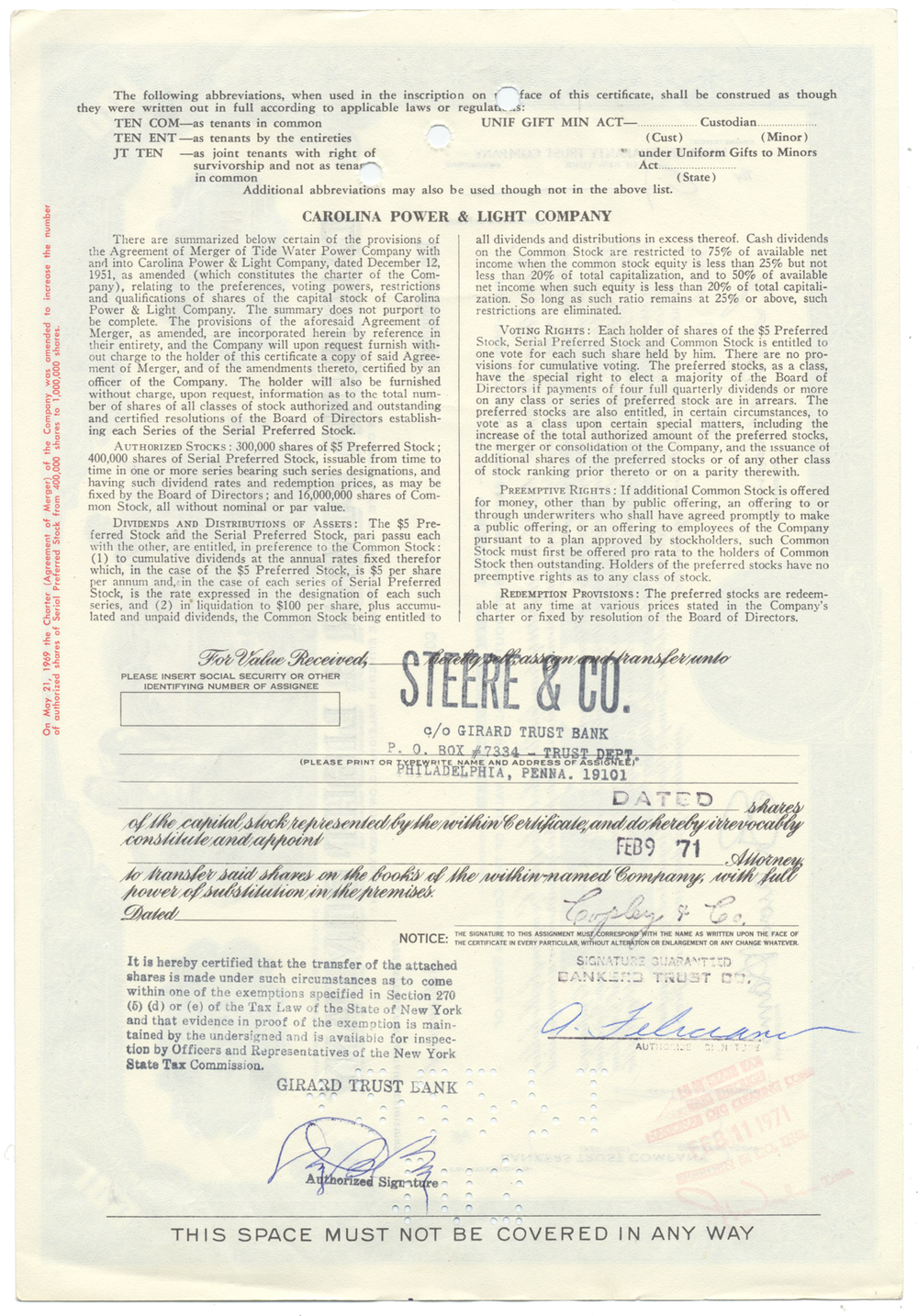 Carolina Power & Light Company Stock Certificate