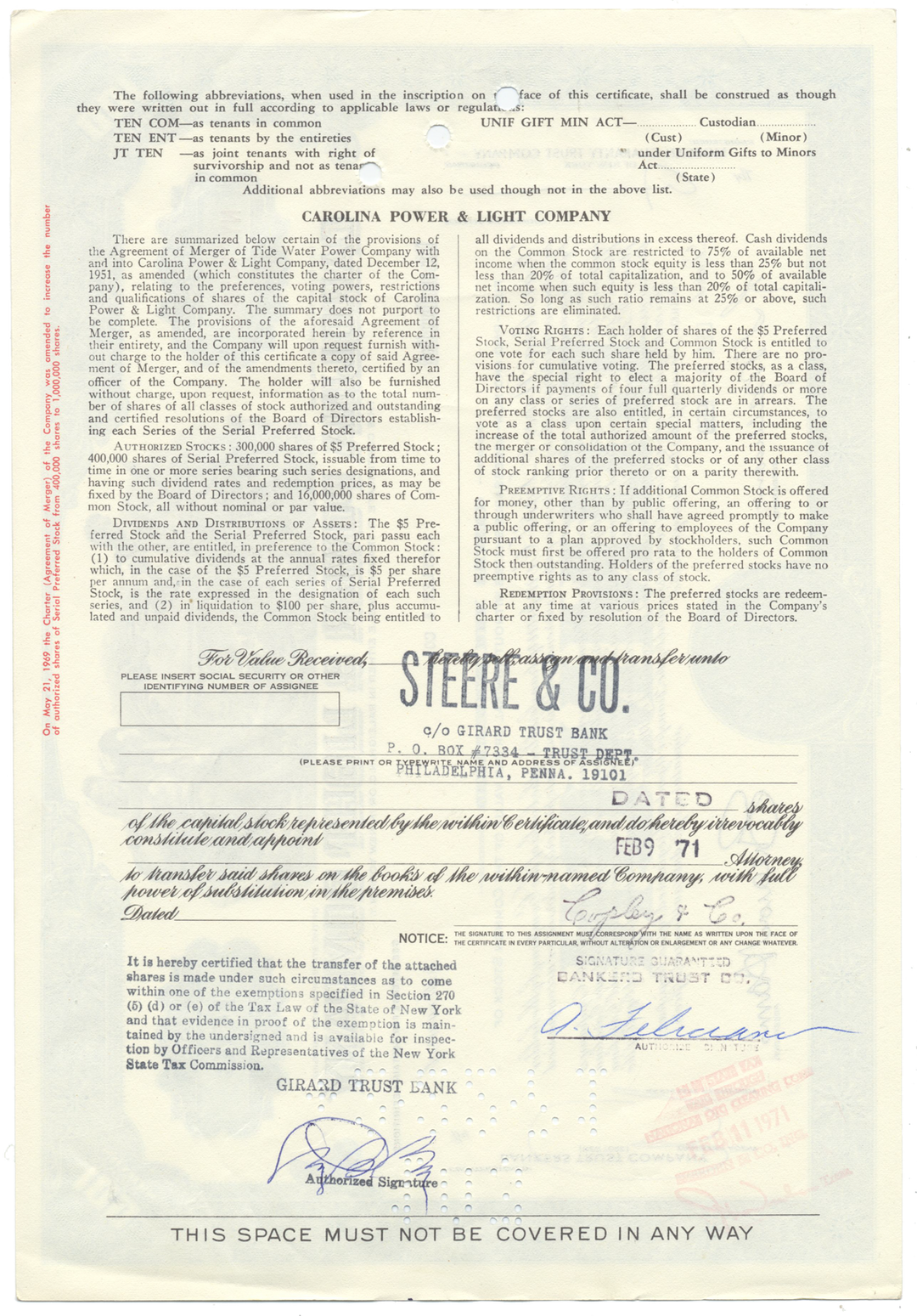 Carolina Power & Light Company Stock Certificate