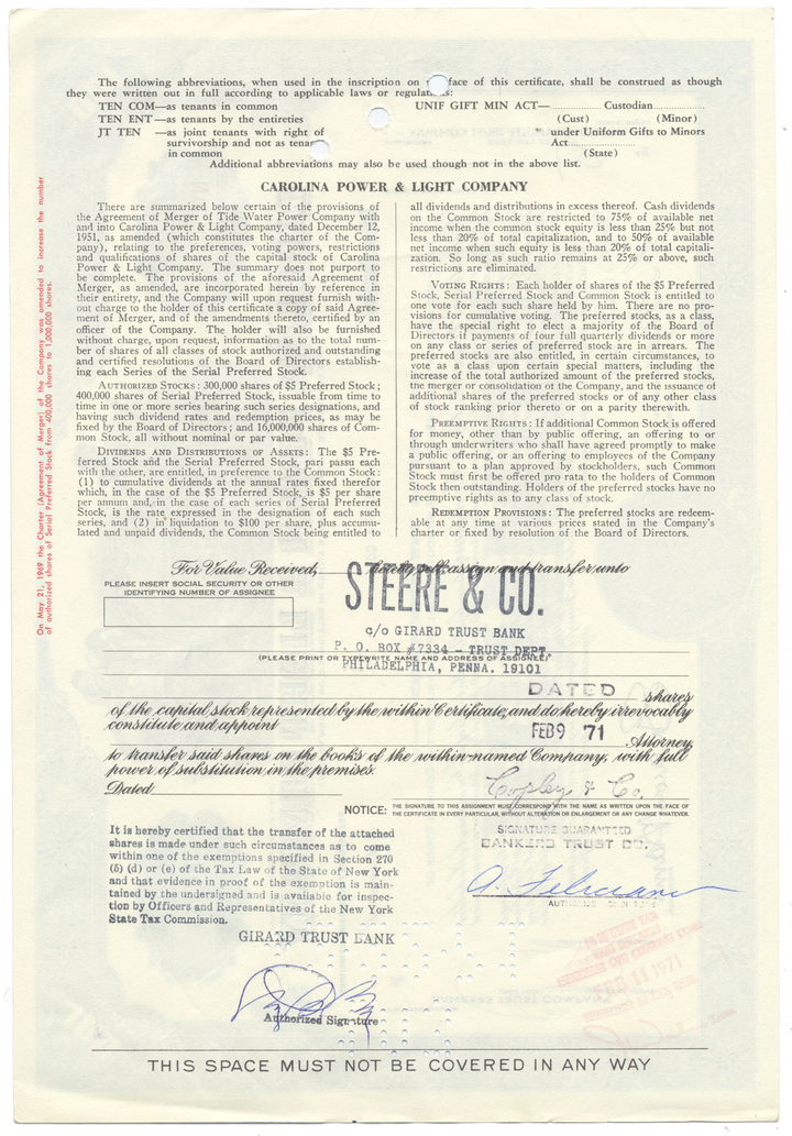 Carolina Power & Light Company Stock Certificate