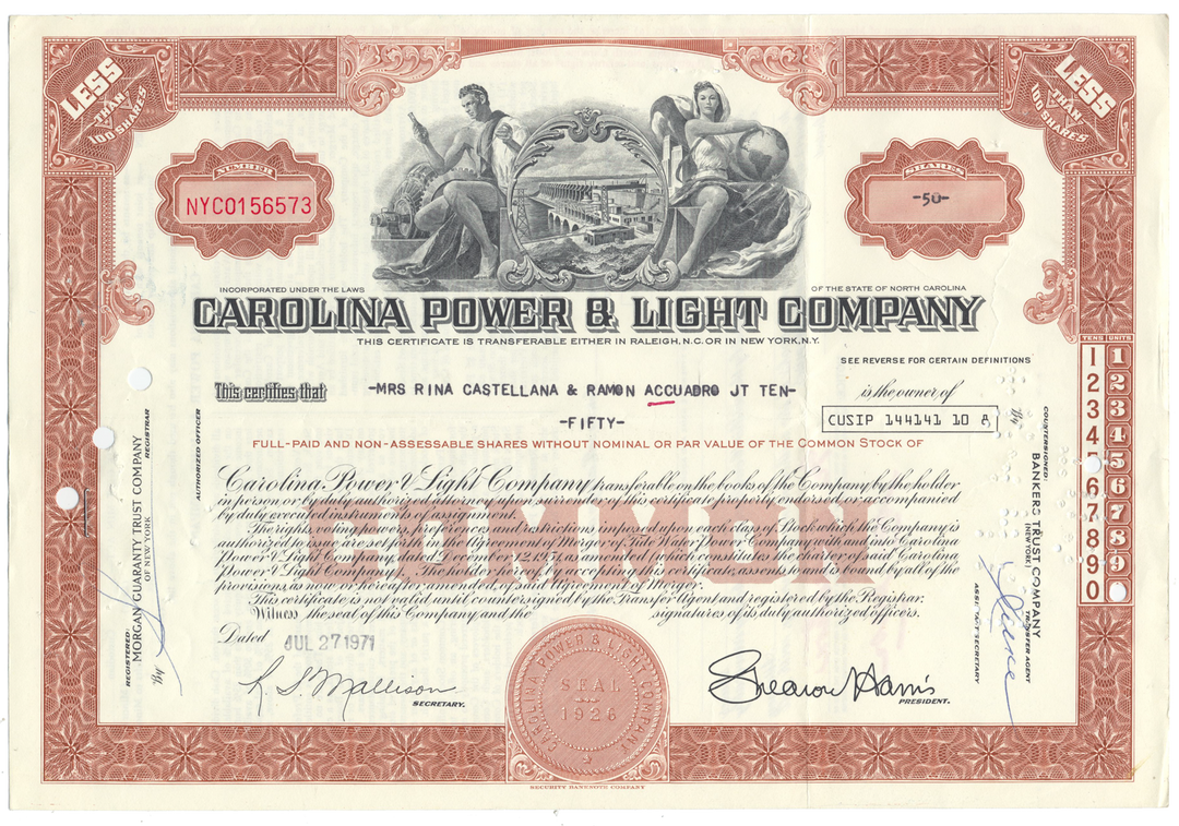 Carolina Power & Light Company Stock Certificate